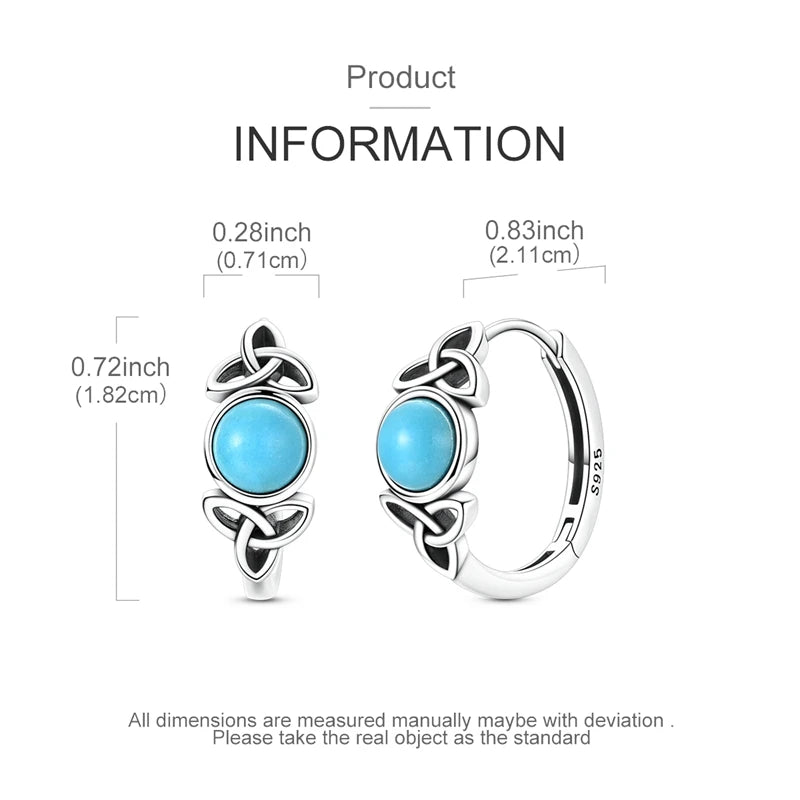 Original 925 Sterling Silver Unique Design Celtic Knot Blue Turquoise Hoop Earrings For Women Jewelry Gift
