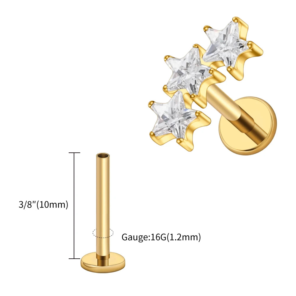 Right Grand ASTM F136 Titanium Triple Star Cluster Cartilage Earring 16G Flat Back Labret Stud Tragus Helix Piercing Jewelry
