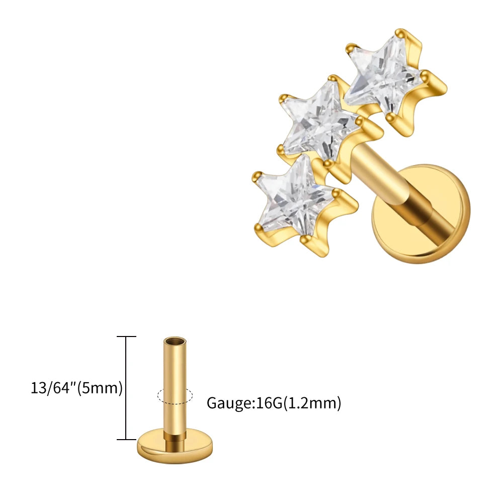 Right Grand ASTM F136 Titanium Triple Star Cluster Cartilage Earring 16G Flat Back Labret Stud Tragus Helix Piercing Jewelry