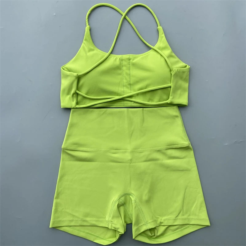 Yoga Shorts Set Gym Two Piece Sports Set Women Workout Outfit Fitness Suit Cross Straps Bra High Waist Shorts Running Tracksuit