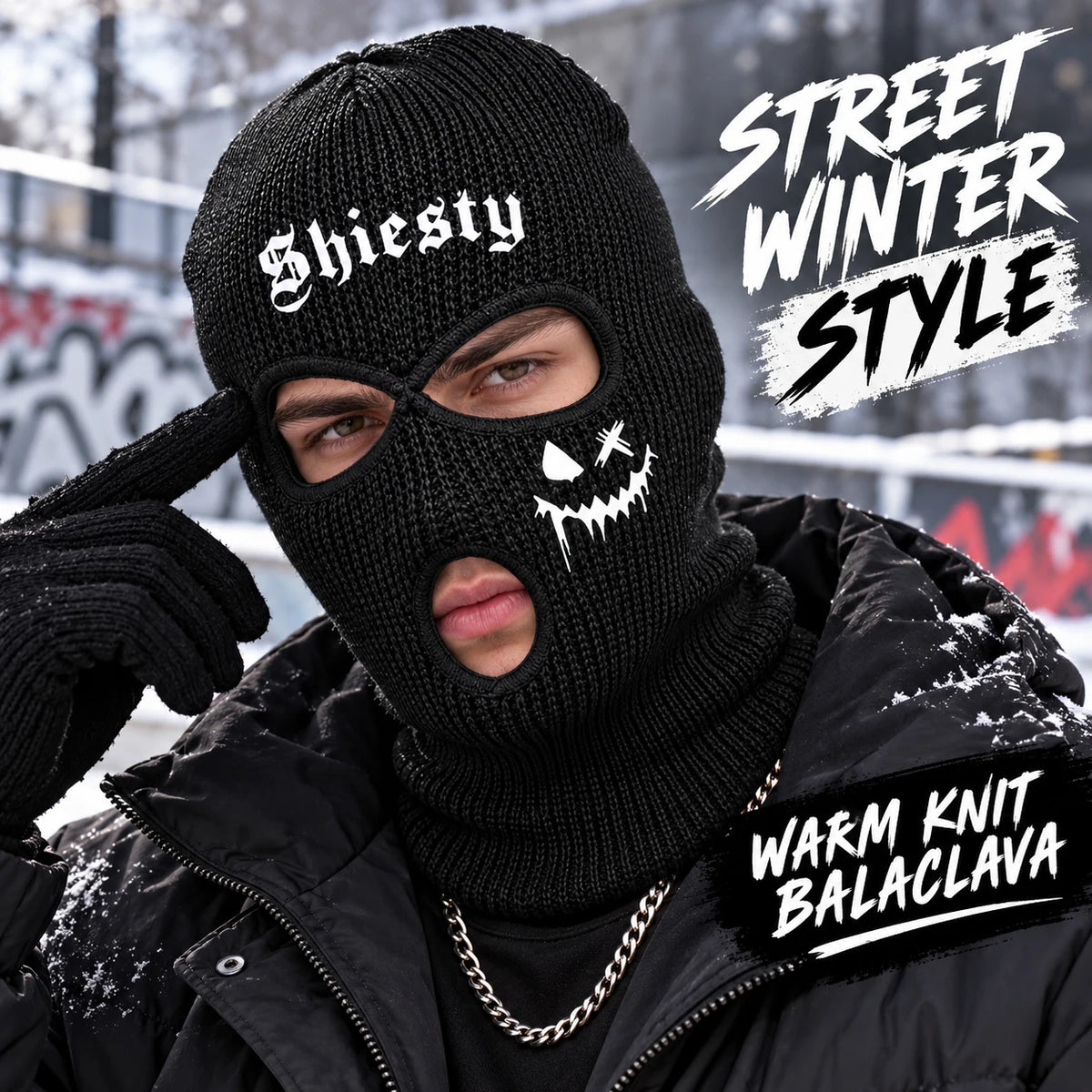 Shiesty Knit Ski Mask 3 Hole Balaclava,Warm Ribbed Winter Face Cover With Ghost Print, Soft Stretch Full Face Mask For Skiing