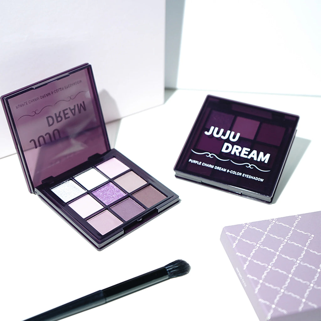 Eyeshadow palette, nine shades of smoky, matte, pearlescent, fine dark purple glitter, affordable makeup