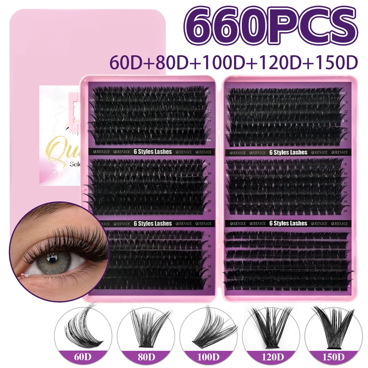 800 Clusters of 50D+60D+80D+100D False Eyelashes, 9-16mm Mixed Lengths, Freely Combinable, D/DD Curl