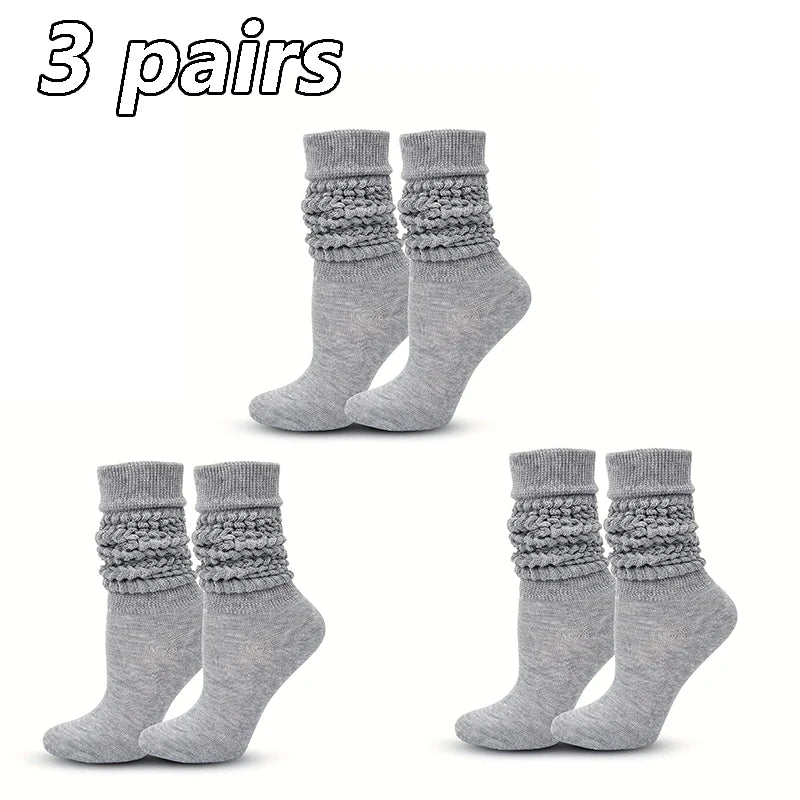 3 Pairs Women Pile Up Socks Fashionable Trendy Versatile White Solid Color