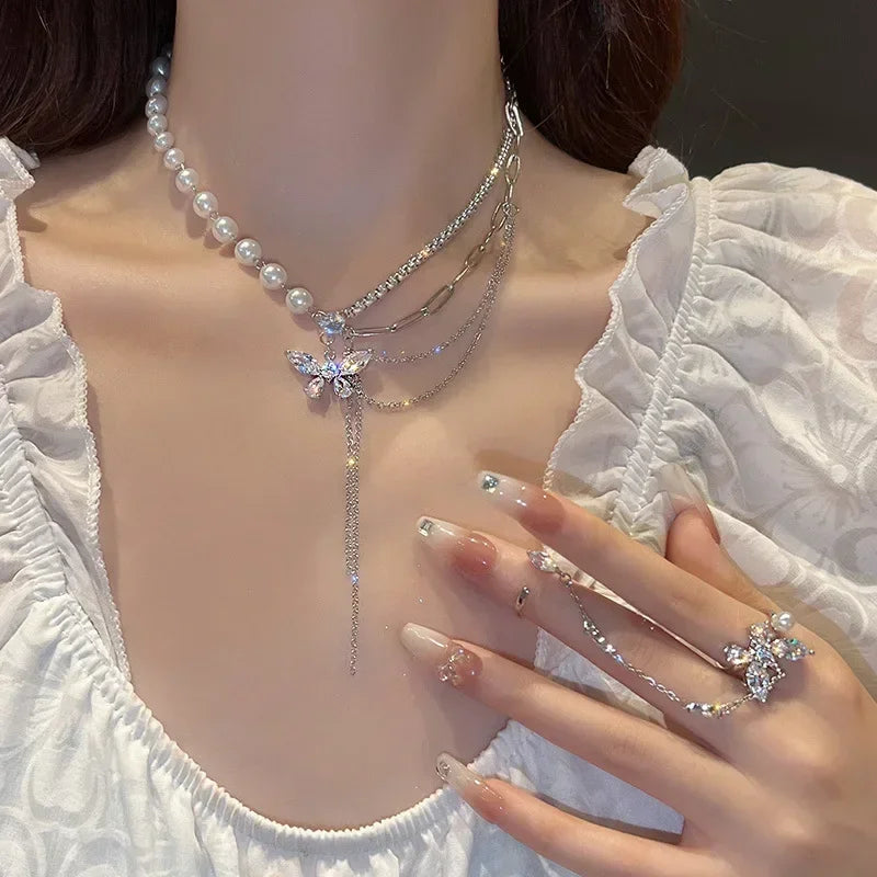 Gold Color Stainless Steel Water Drop Tassel Pendant Necklace for Women Clavicle Chain Paty Jewelry
