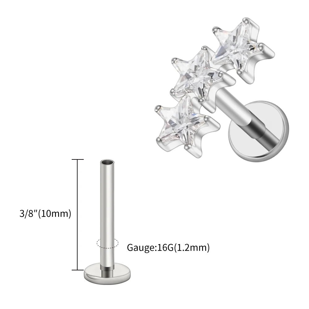 Right Grand ASTM F136 Titanium Triple Star Cluster Cartilage Earring 16G Flat Back Labret Stud Tragus Helix Piercing Jewelry