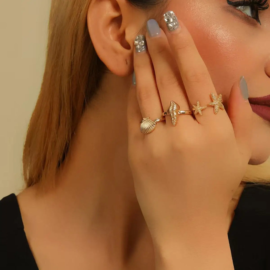 5PCS Fashionable, Simple, High Quality Gold Shell Conch Irregular Geometry Men's and Women's Ring Set
