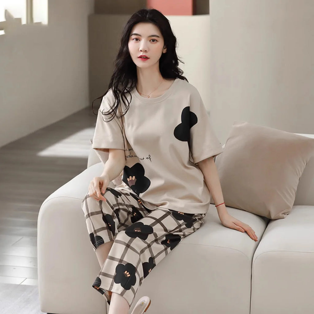 Pajamas Female Summer Short-Sleeved Seven Trousers Home Wear Summer Thin Korean Version Can Go out and Leisure Two-Piece Suit