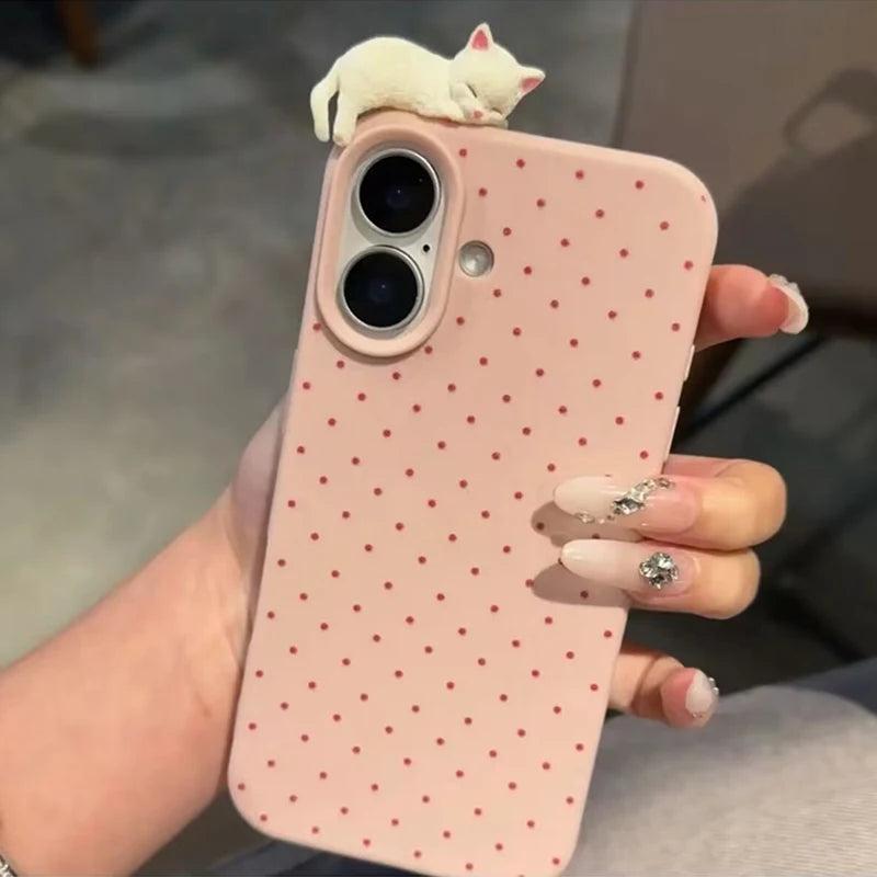 Korea Lovely Polka Dot Pattern Phone Case For iPhone 18 17 16 15 14 13 12 11 Pro Max Plus X Cute 3D Cartoon Cat Shockproof Cover