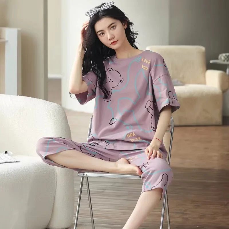 Pajamas Female Summer Short-Sleeved Seven Trousers Home Wear Summer Thin Korean Version Can Go out and Leisure Two-Piece Suit