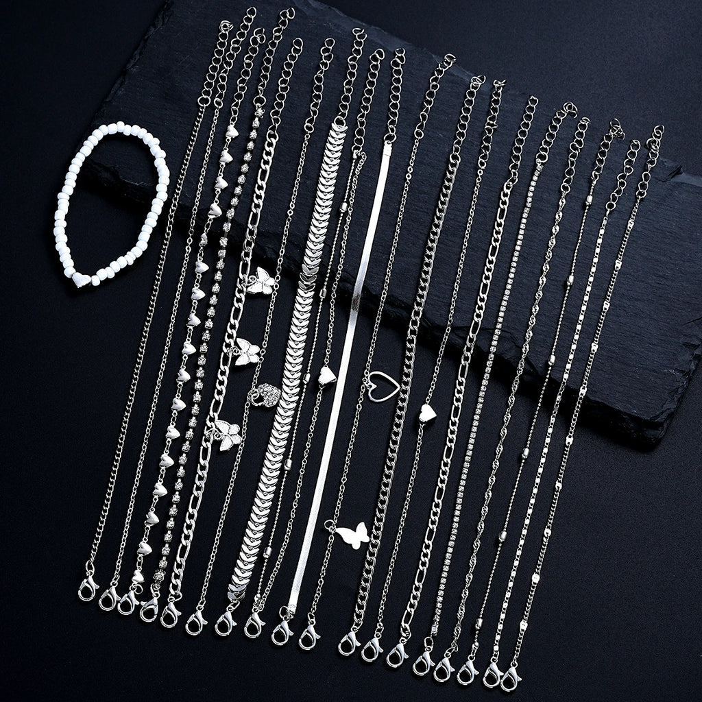 19Pcs/Set New Design Silver Color Anklet Sets for Women Fashion Pearl Butterfly Heart Crystal Foot Chain Versatile Daily Jewelry