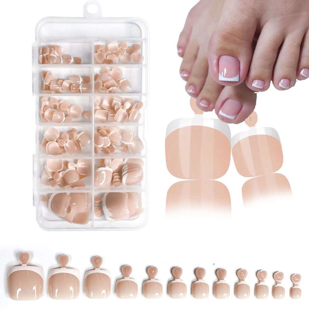 120Pcs Glossy Nude Pink French Press-On-Toenail Set