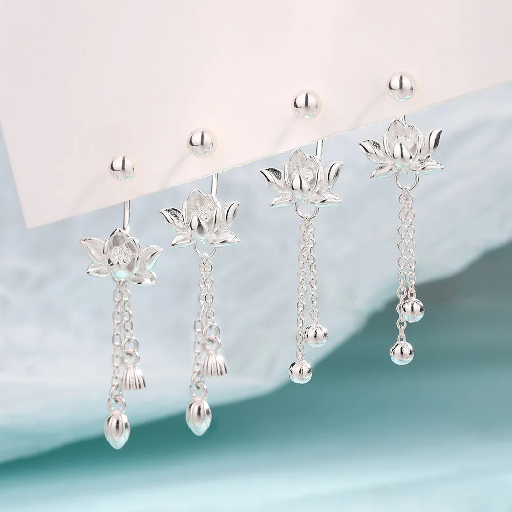 925 Sterling Silver Vintage Lotus Earrings for Women Cute Sweet Screw Design Silver Color Bowknot Earrings Vintage Jewelry Gifts