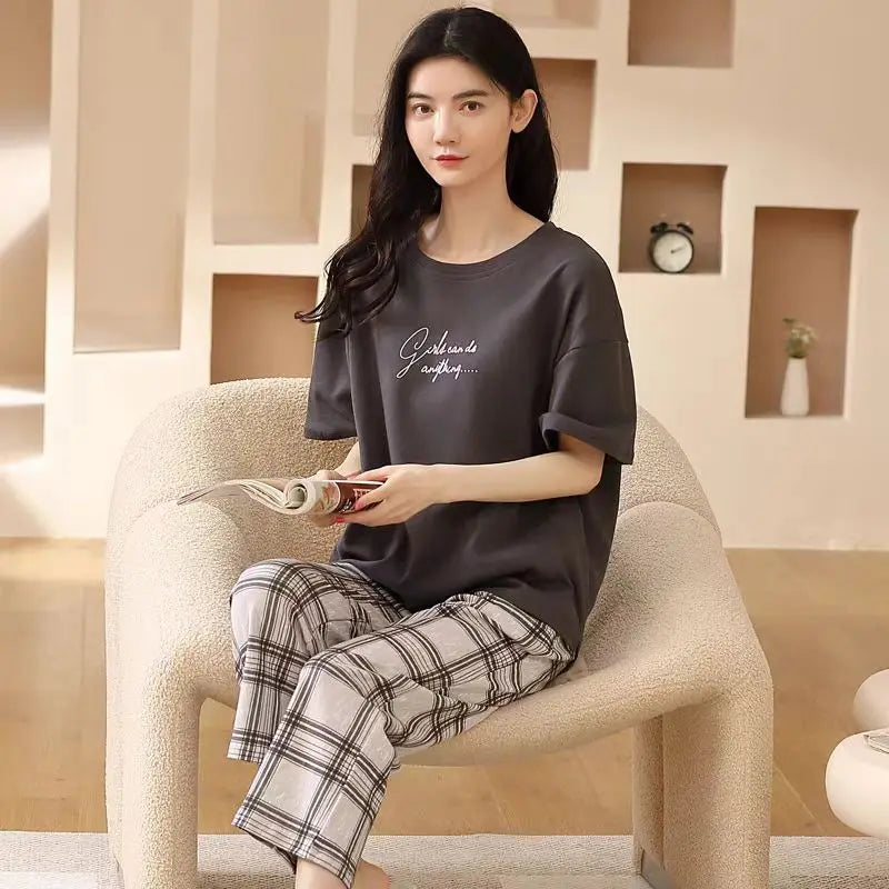 Pajamas Female Summer Short-Sleeved Seven Trousers Home Wear Summer Thin Korean Version Can Go out and Leisure Two-Piece Suit