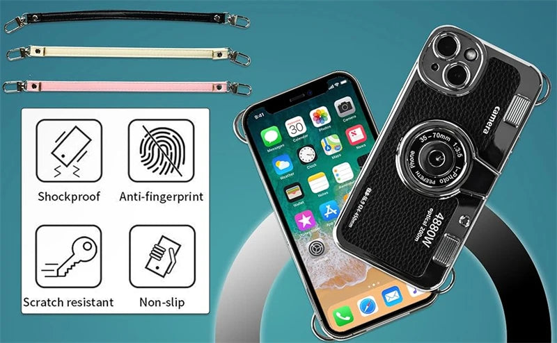 3D Vintage Camera Phone Case with Hand Strap for IPhone Air 17 16 15 14 13 12 Pro Max Plus 17Pro Shockproof Phone Leather Cover