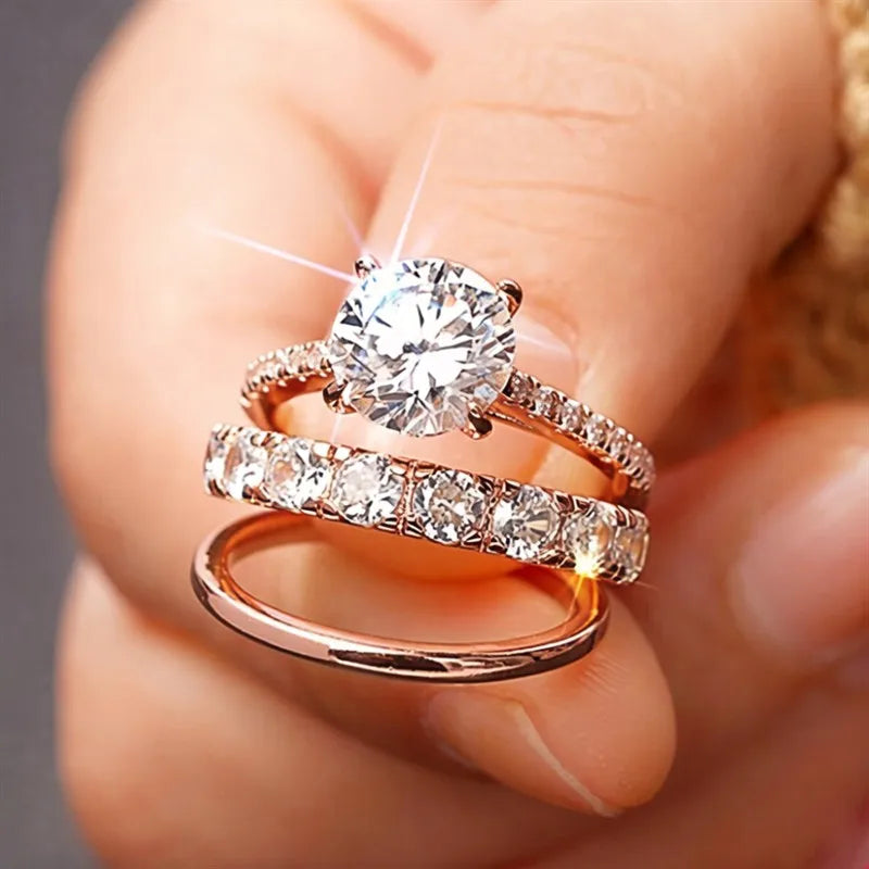 Huitan Gorgeous 3Pcs Set of Rings Female Luxury Shiny Round Zirconia Finger Jewelry