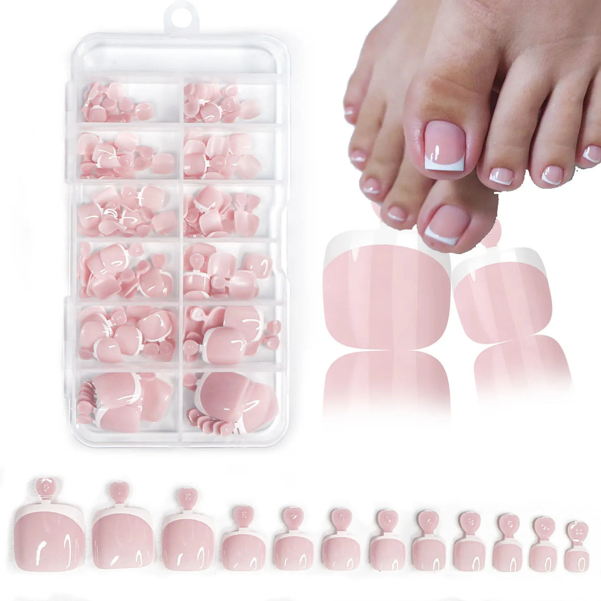120Pcs Glossy Nude Pink French Press-On-Toenail Set