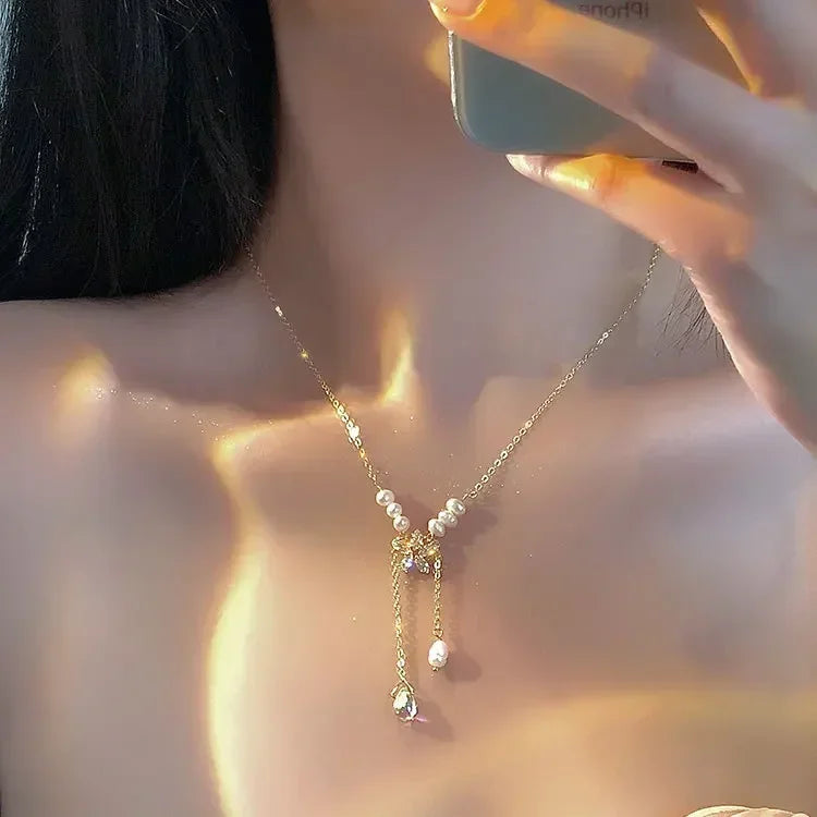 Gold Color Stainless Steel Water Drop Tassel Pendant Necklace for Women Clavicle Chain Paty Jewelry