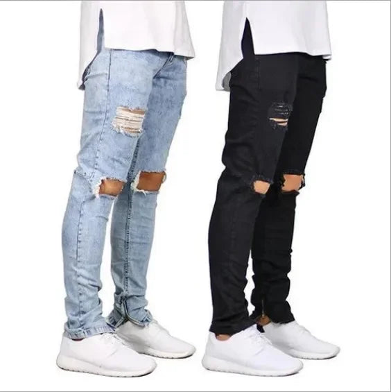 High Street Men's Fashion Ripped Jeans with Zipper At The Ankle, Slim-fit, Spring and Summer Style.