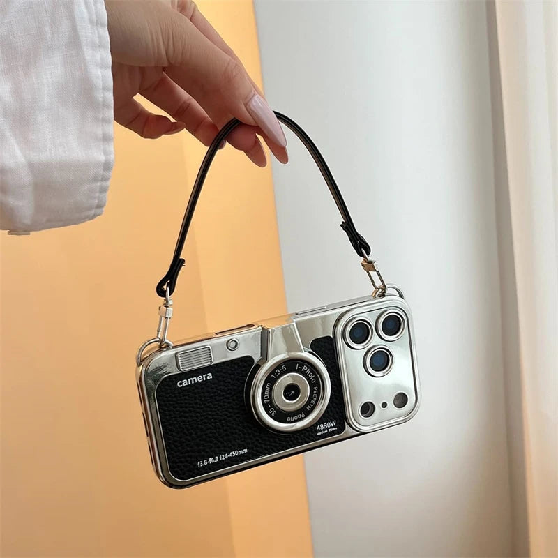 3D Vintage Camera Phone Case with Hand Strap for IPhone Air 17 16 15 14 13 12 Pro Max Plus 17Pro Shockproof Phone Leather Cover