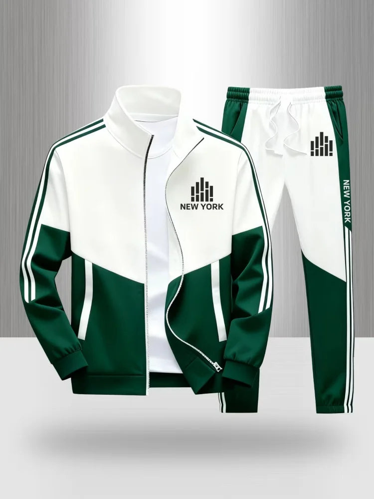 Tracksuit Men's Matching Set Sportswear Color Block Zip Up Jacket and Jogger Pants New York Print Casual Athletic 2 Piece Outfit