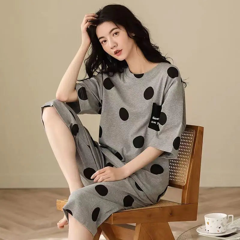 Pajamas Female Summer Short-Sleeved Seven Trousers Home Wear Summer Thin Korean Version Can Go out and Leisure Two-Piece Suit