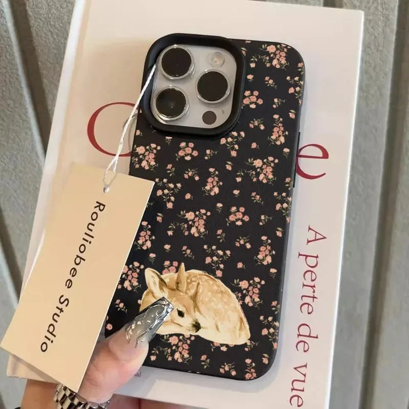Cute Deer and Full Floral Pattern Design Shockproof Phone Case For iPhone 11 12 13 14 15 16 17 Pro Max Plus 17 Air Phone Cover