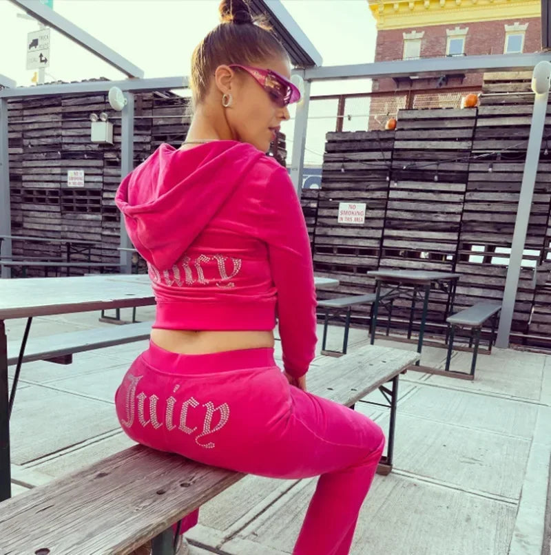 2025 New Winter Juicy Coutoure Tracksuit Women Velvet Diamond Long Sleeve Pants Hoodie Suits  Piece Set Zipper Tracksuit Cro ☆ ☆