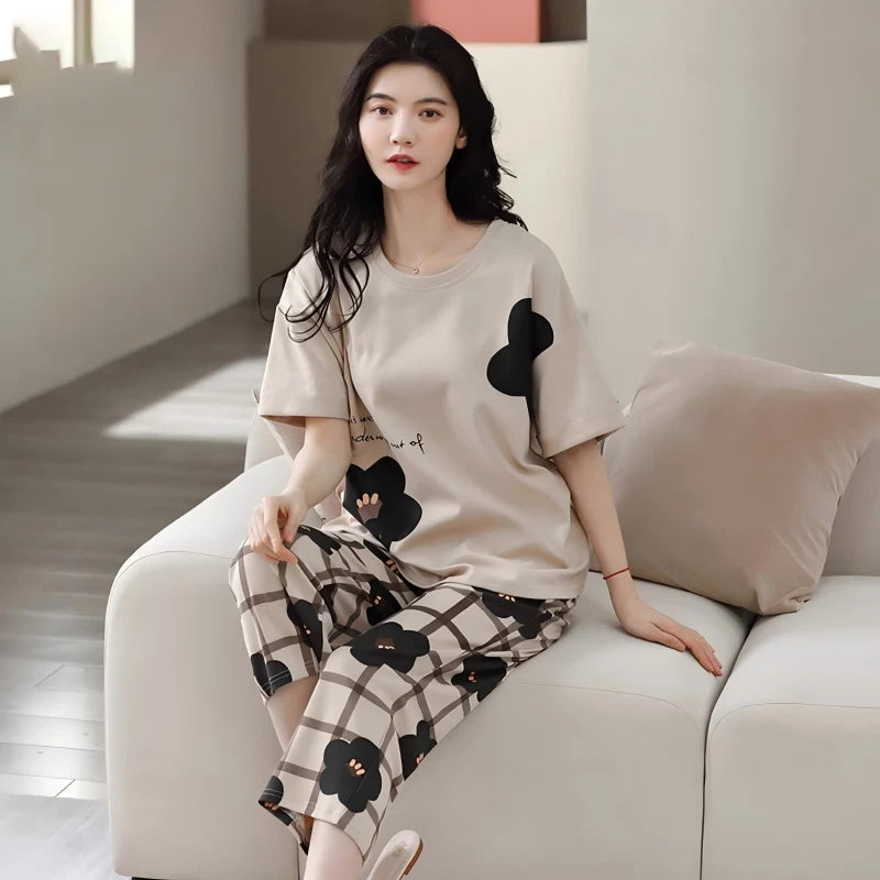 Pajamas Female Summer Short-Sleeved Seven Trousers Home Wear Summer Thin Korean Version Can Go out and Leisure Two-Piece Suit