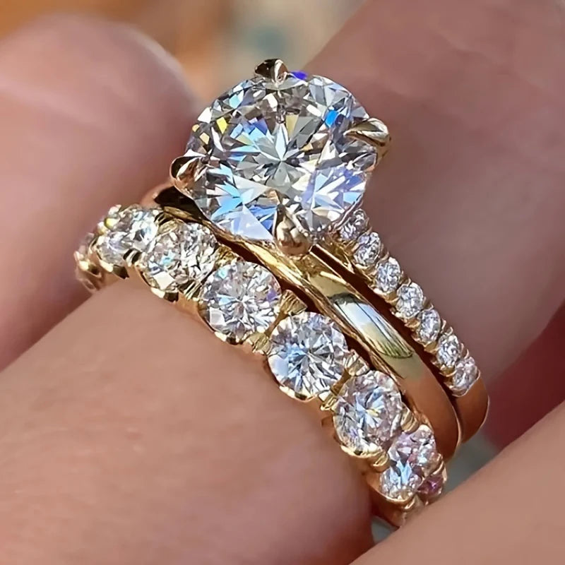 Huitan Gorgeous 3Pcs Set of Rings Female Luxury Shiny Round Zirconia Finger Jewelry