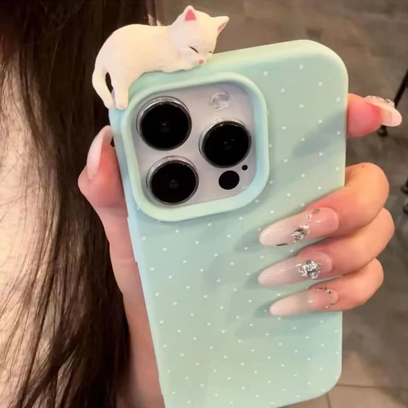 Korea Lovely Polka Dot Pattern Phone Case For iPhone 18 17 16 15 14 13 12 11 Pro Max Plus X Cute 3D Cartoon Cat Shockproof Cover