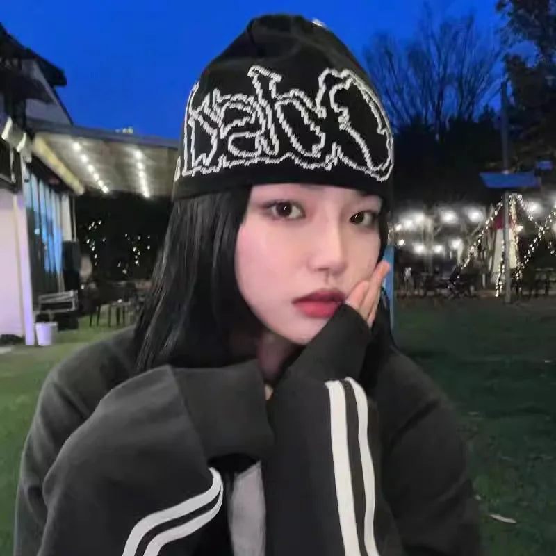 Women Beanie Hat Fashion Knit Letter Winter Jacquard Hip Hop Harajuku Graphic Y2k Streetwear Unisex Pullover Accessories