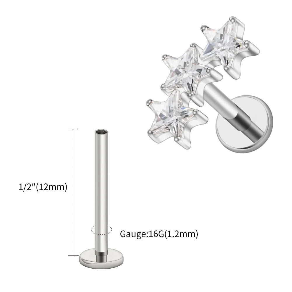 Right Grand ASTM F136 Titanium Triple Star Cluster Cartilage Earring 16G Flat Back Labret Stud Tragus Helix Piercing Jewelry