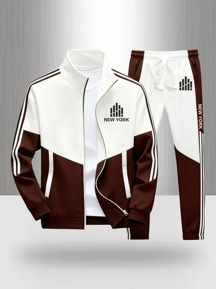 Tracksuit Men's Matching Set Sportswear Color Block Zip Up Jacket and Jogger Pants New York Print Casual Athletic 2 Piece Outfit