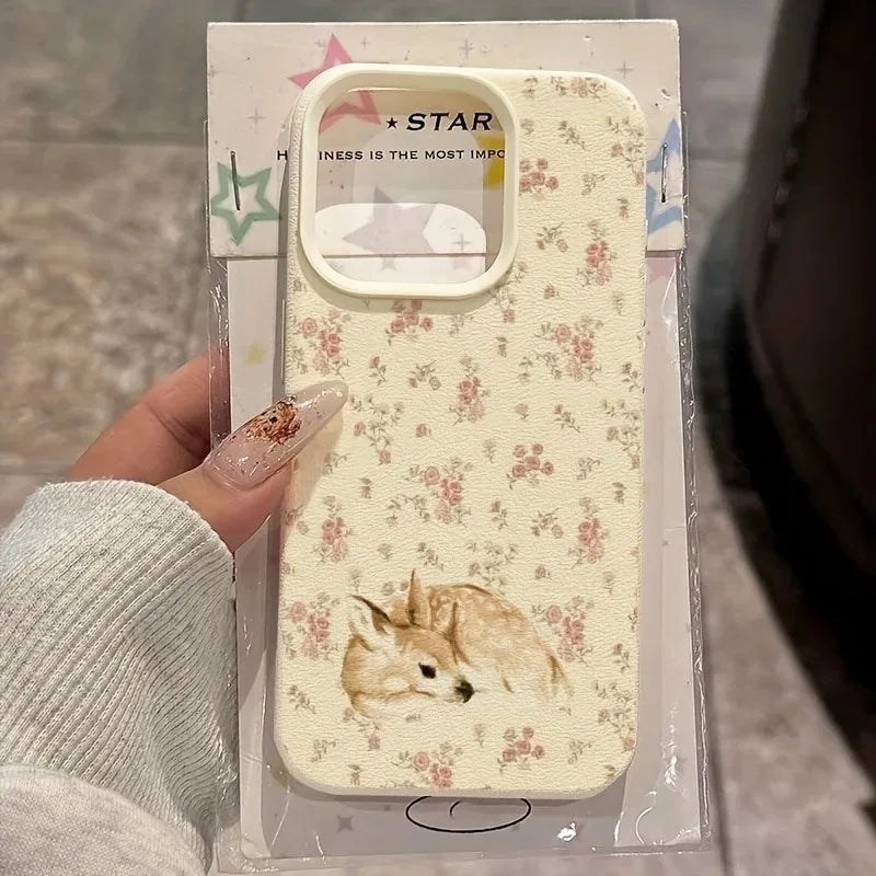 Cute Deer and Full Floral Pattern Design Shockproof Phone Case For iPhone 11 12 13 14 15 16 17 Pro Max Plus 17 Air Phone Cover