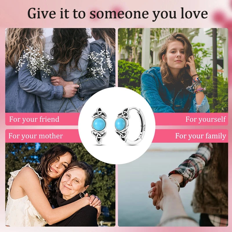 Original 925 Sterling Silver Unique Design Celtic Knot Blue Turquoise Hoop Earrings For Women Jewelry Gift