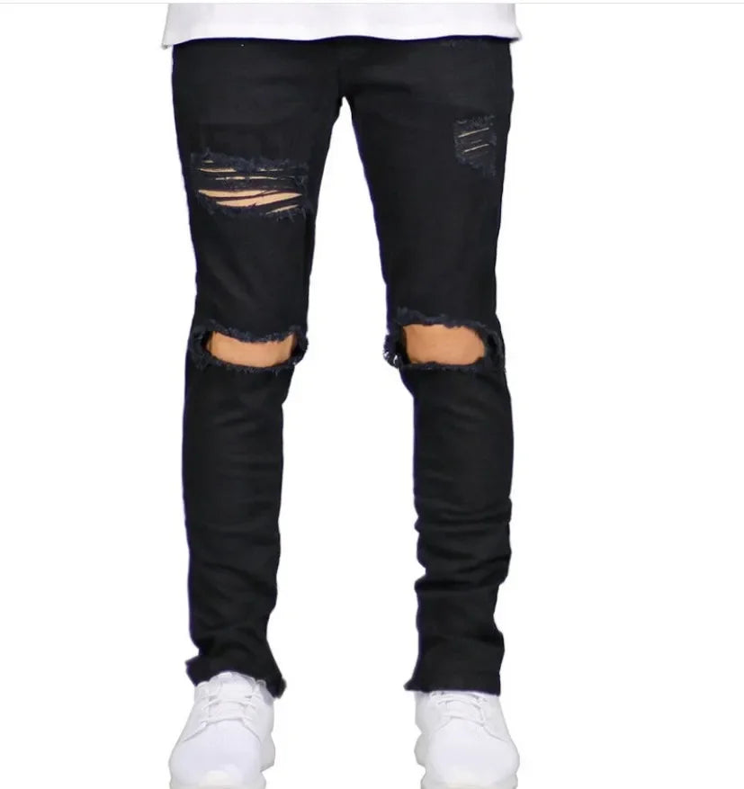 High Street Men's Fashion Ripped Jeans with Zipper At The Ankle, Slim-fit, Spring and Summer Style.