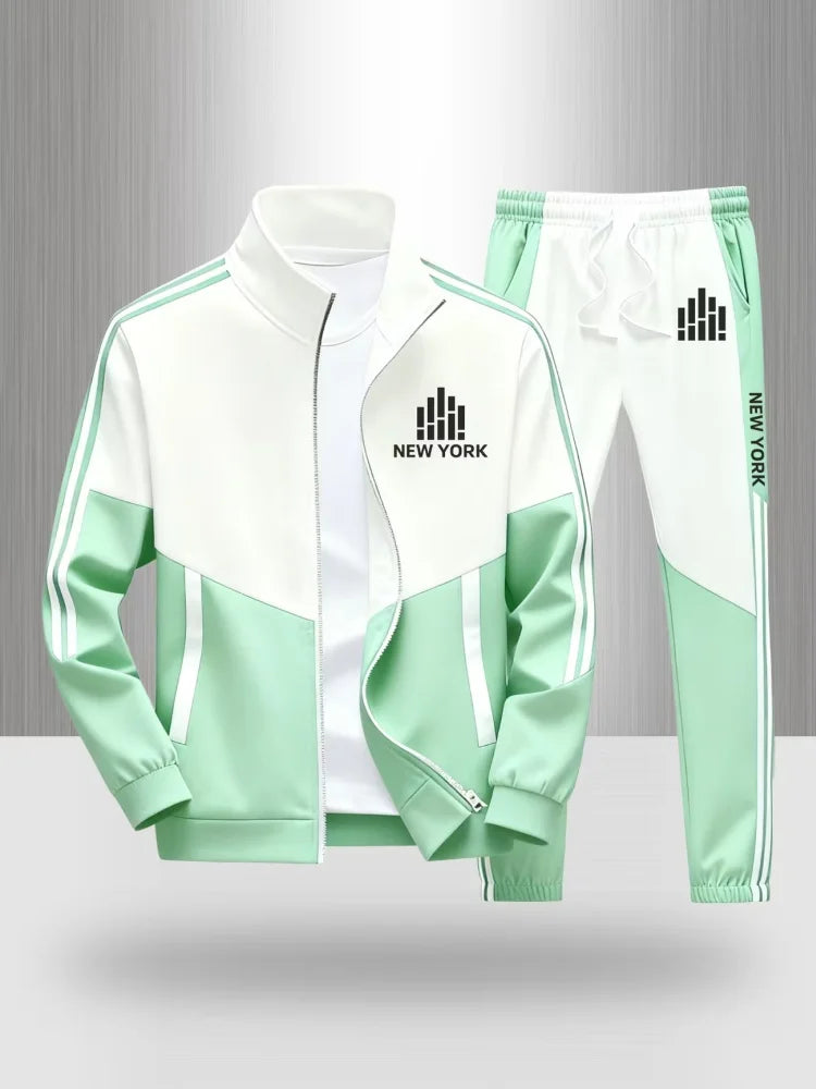Tracksuit Men's Matching Set Sportswear Color Block Zip Up Jacket and Jogger Pants New York Print Casual Athletic 2 Piece Outfit