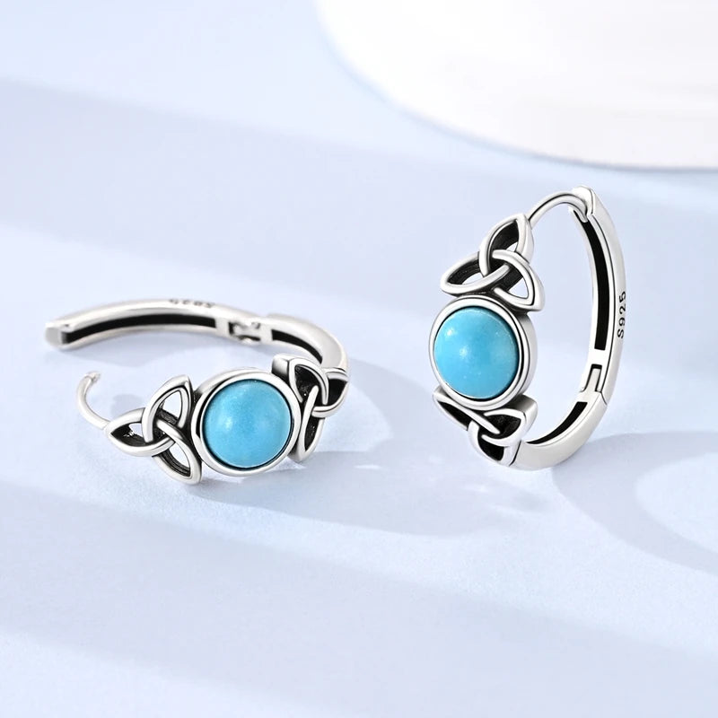 Original 925 Sterling Silver Unique Design Celtic Knot Blue Turquoise Hoop Earrings For Women Jewelry Gift