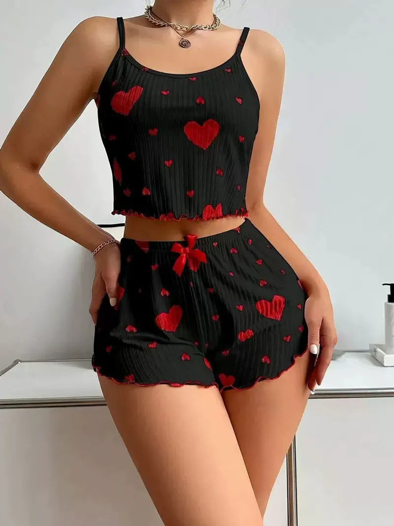 2 Pieces Set Women'S Pajama Shorts Suit Homewear Print Underwear Pijama Sexy Lingerie Camisoles Tanks Nighty Ladies Sleepwear