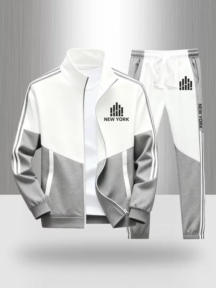 Tracksuit Men's Matching Set Sportswear Color Block Zip Up Jacket and Jogger Pants New York Print Casual Athletic 2 Piece Outfit