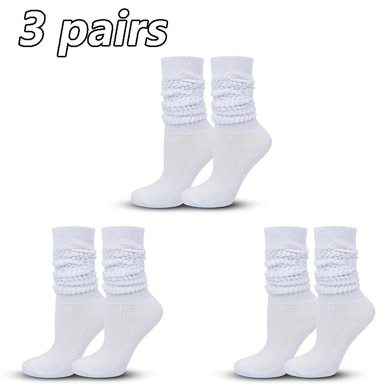 3 Pairs Women Pile Up Socks Fashionable Trendy Versatile White Solid Color