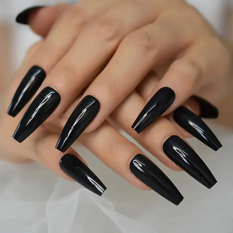 120pcs Long Coffin Black Press-On Nails Full Cover Ballet Square Shape False Nails