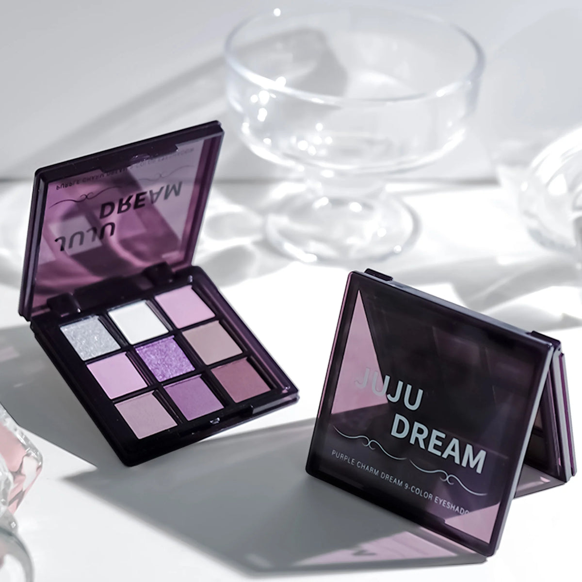 Eyeshadow palette, nine shades of smoky, matte, pearlescent, fine dark purple glitter, affordable makeup