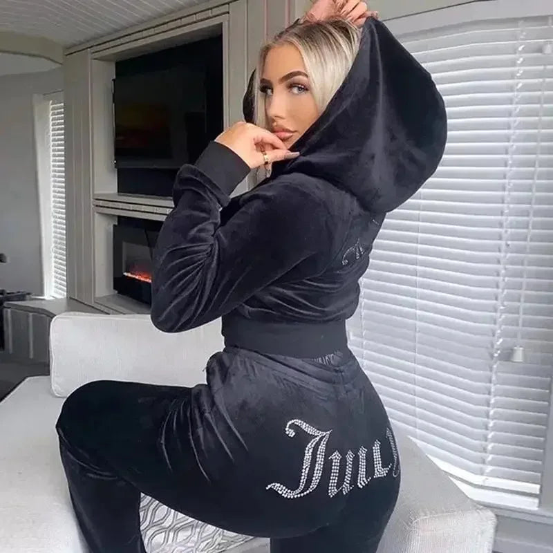 2025 New Winter Juicy Coutoure Tracksuit Women Velvet Diamond Long Sleeve Pants Hoodie Suits  Piece Set Zipper Tracksuit Cro ☆ ☆