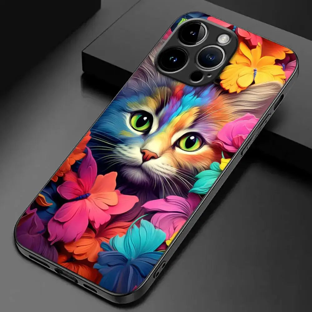 Cute Flower Cat Phone Case for iPhone 17 16 15 14 13 12 11 Pro Max Mini X XS XR 7 Plus SE4 17E Shockproof Non-Slip Cover Fundas