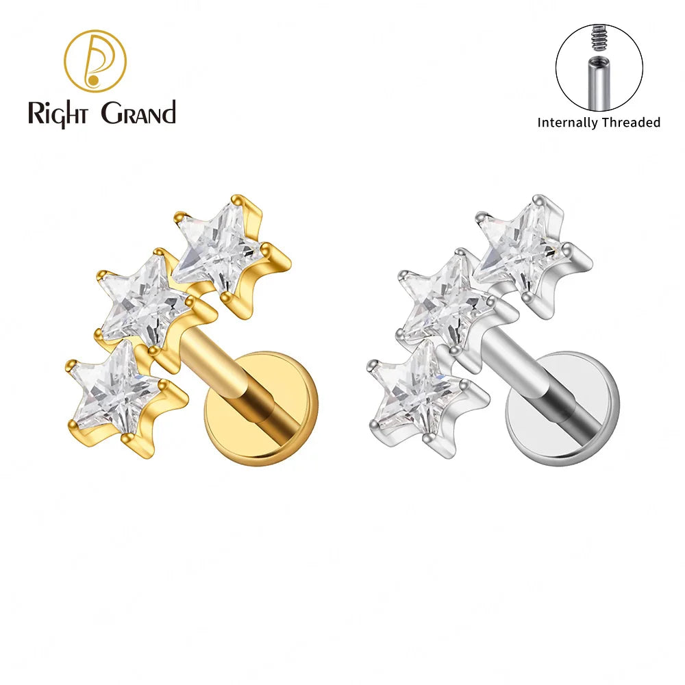 Right Grand ASTM F136 Titanium Triple Star Cluster Cartilage Earring 16G Flat Back Labret Stud Tragus Helix Piercing Jewelry
