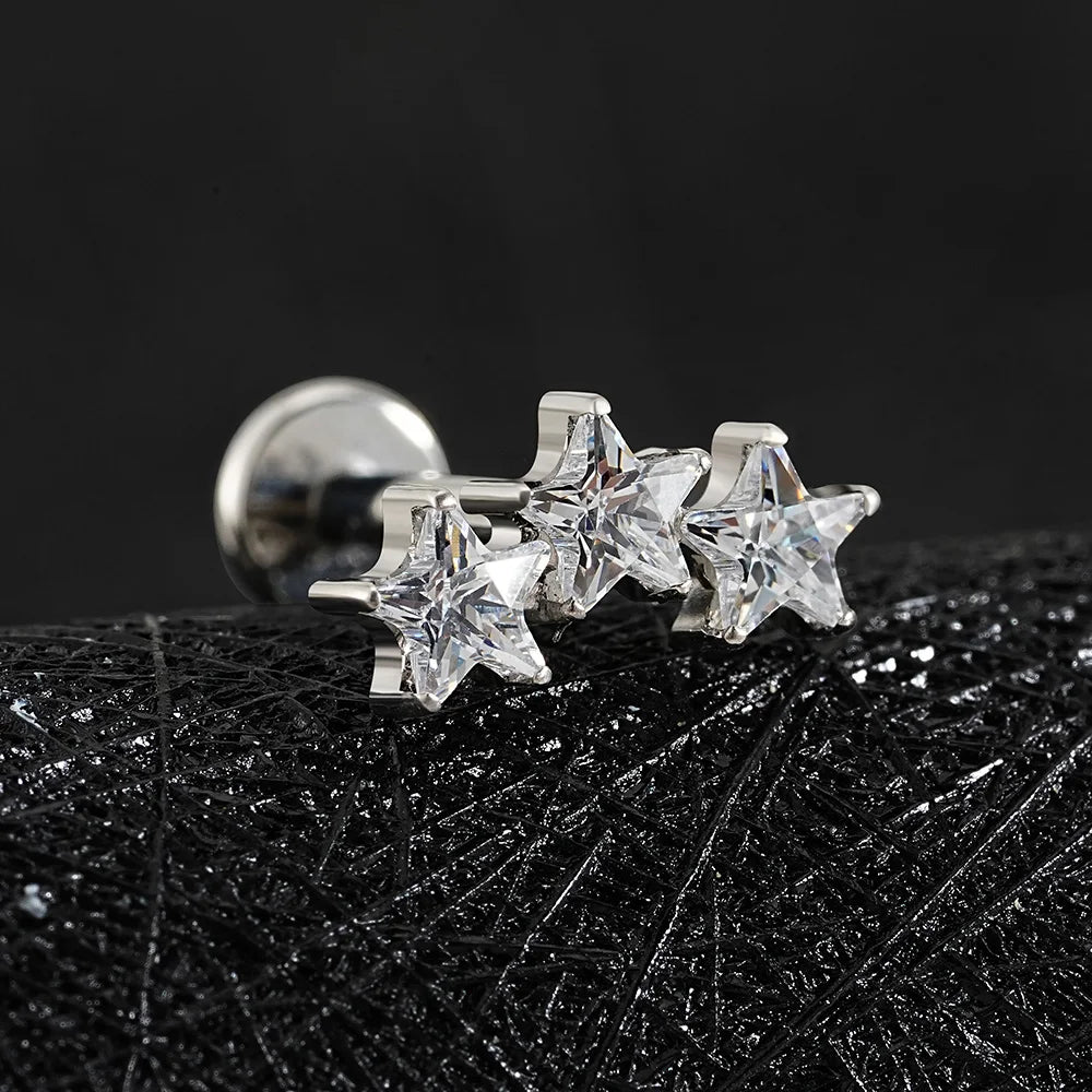 Right Grand ASTM F136 Titanium Triple Star Cluster Cartilage Earring 16G Flat Back Labret Stud Tragus Helix Piercing Jewelry