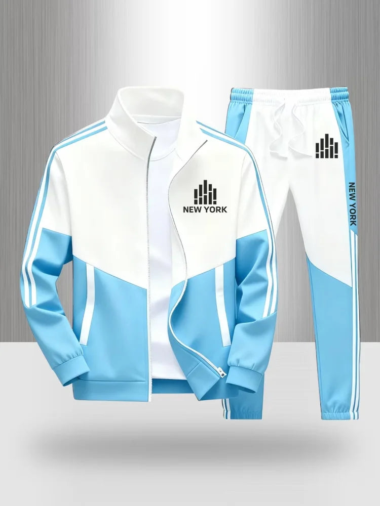 Tracksuit Men's Matching Set Sportswear Color Block Zip Up Jacket and Jogger Pants New York Print Casual Athletic 2 Piece Outfit