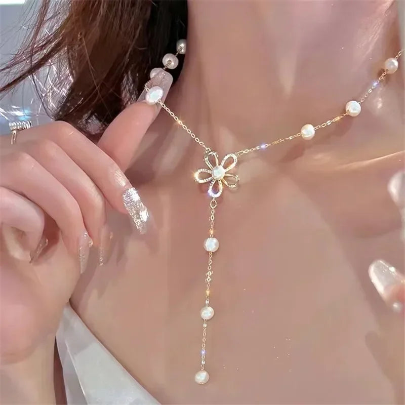 Gold Color Stainless Steel Water Drop Tassel Pendant Necklace for Women Clavicle Chain Paty Jewelry